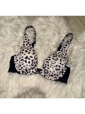Victorias Secret Unlined Plunge Bra Lace Trim Animal Print Underwire Womens 32B